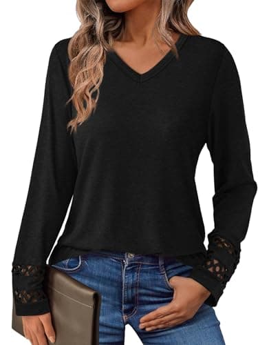 GKBK Women’s Long Sleeve V Neck Tunic Top Casual Dressy Blouse Business Loose Fit Trendy 2025 Fall Outfits Black XL - Image 1