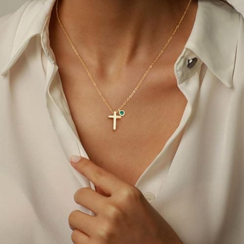 Turandoss Gold Cross Necklace for Women Trendy - 14K Gold Plated Dainty Cross Pendant Birthstone Necklaces, October Birthstone Necklace, Created Pink Sapphire Necklaces for Women Girls Jewelry Gifts - Thumbnail 3