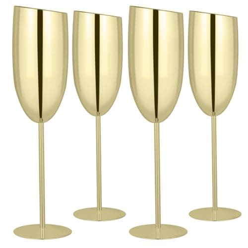TJ Champagne Glasses Set of 4 Stainless Steel Champagne Flutes 8.5 oz Unbreakable Gold Champagne Glasses Reusable Indoor Outdoor Travel Drinkware for Party Wedding Christmas Anniversary Birthday - Image 1