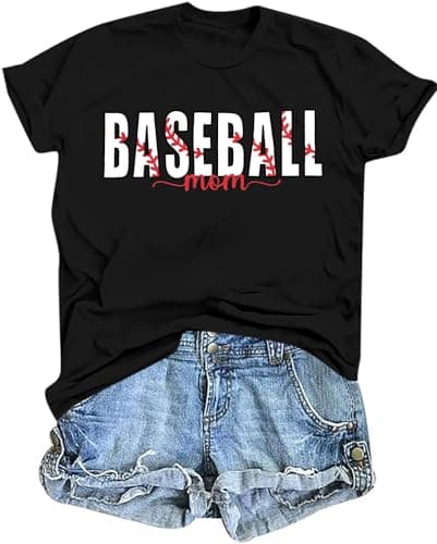 MOUSYA Baseball Mom Shirt Womens Mom Shirt Short Sleeve O-Neck Letter Print Casual Tops Tees Black White - Image 1