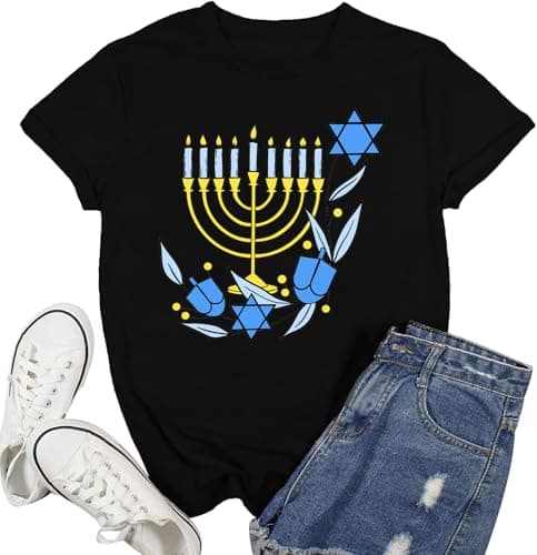 Hanukkah Shirt Women Happy Hanukkah T-Shirt Menorah Candles Short Sleeve Jewish Chanukah Tee Tops A-Black - Image 1