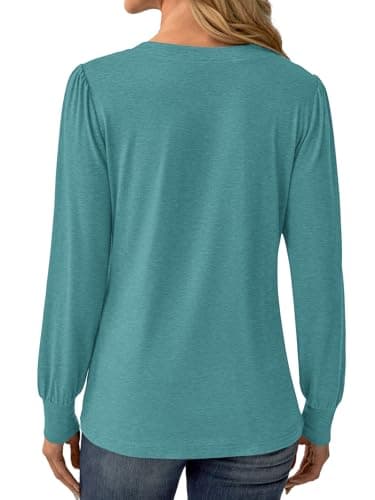 GKBK Women's Puff Long Sleeve Tunic V Neck Button Blouses Fall Tops Trendy Dressy Casual Business Henley Shirts Cyan M - Thumbnail 2