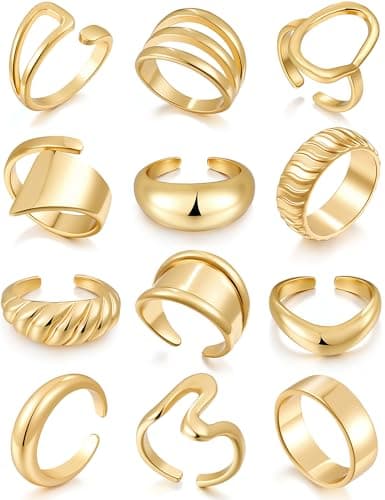 17 MILE 12 PCS Chunky Gold Rings for Women Non Tarnish, 18K Gold Plated Statement Open Stacking Rings, Stackable Knuckle Band Ring Set - Image 1