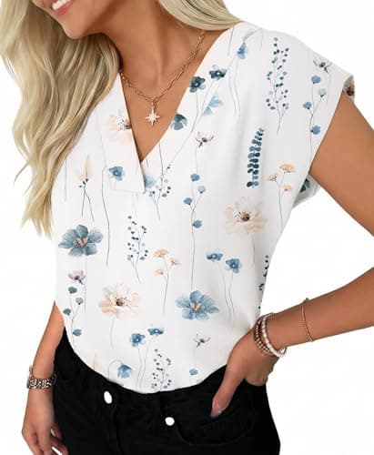 GKBK Women Tops Cap Sleeve Textured Dressy Casual V Neck Shirts 2026 Summer Business Work Blouses Outfits White Floral XL - Image 1