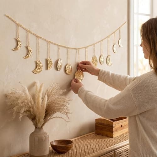 opulinea 36" Gold Metal Moon Phase Wall Decor - Handcrafted Boho Celestial Art for Bedroom Living Room, Lightweight Easy Hang, Gift for Women Teens - Thumbnail 3