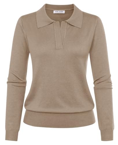 Kate Kasin Women's Casual Long Sleeve Sweater V Neck Ribbed Polo Shirt Loose Tee Top Knitwear Pullover Apricot L - Image 1