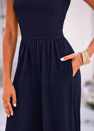KIRUNDO Dressy Jumpsuits for Women Casual Loose Fit One Piece Wide Leg Sleeveless Overalls Summer Romper Beach Vacation Outfits(Navy, Medium) - Thumbnail 5