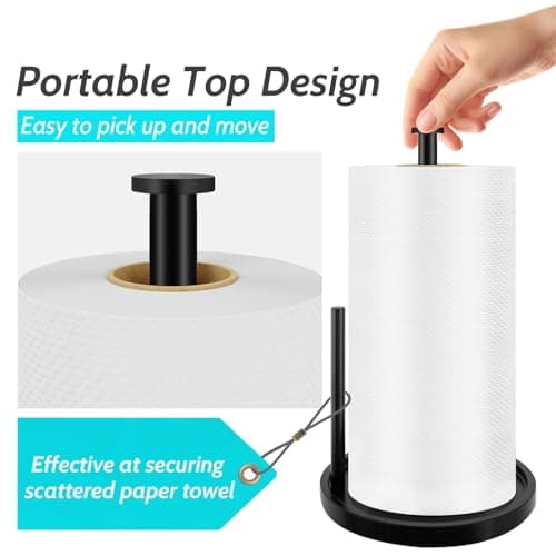 Paper Towel Holder Countertop, Standing Paper Roll Holder with Anti Slip Weighted Base, Stainless Steel Freestanding Paper Towel Holder for Kitchen, Black - Thumbnail 4