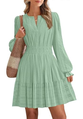 BTFBM Mini Dresses for Women 2026 Casual Lightweight Long Sleeve V Neck A Line Elastic Waist Party Holiday Dress(Sage Green, XX-Large) - Image 1