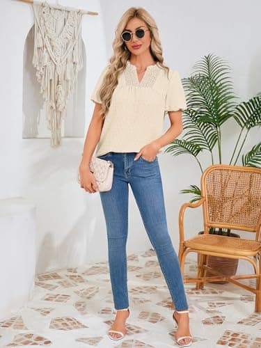 Funlingo Womens Tops Puff Sleeve V Neck Dressy Casual Blouses Summer Flowy Swiss Dot Boho Babydoll Short Sleeve Shirts Trendy Clothes 2026 Beige 2XL - Thumbnail 6