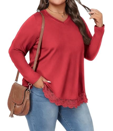 Lastshe Womens Plus Size Long Sleeves T Shirt Fashion Comfortable Blouses Tunic tops to wear with leggings, Red,1X - Image 1