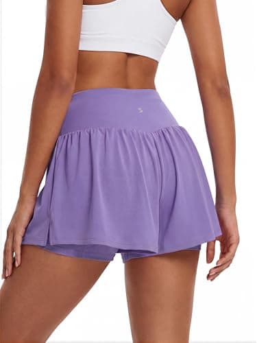 Stelle Women 2 in 1 Running Shorts Flowy Athletic Short High Waisted Workout Tennis Gym Short with Liner Pockets (Lavender, M) - Thumbnail 5