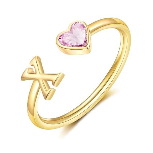 GLEZZA Initial Rings for Women Teen 14K Gold Plated Birthstone Rings Stackable Dainty Letter Rings Christmas Birthday Birthstone Jewelry Gifts for Mother Daughter,Adjustable Size 5-10 - Image 1