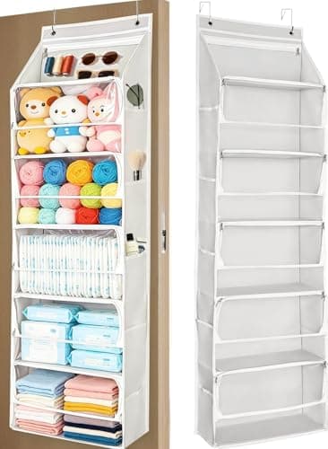 Over Door Organizer Stuffed Animal Storage, Zipper Closure Behind Door Hanging Toy/Plush Organizer , Clear Window Bathroom/Bedroom/Closet Holder Bag for Nursery Purse/Handbag, 1Pack, 5 Tier，Beige