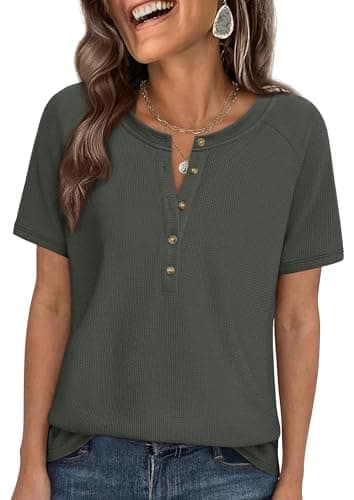 PRETTYGARDEN Waffle Knit Tops for Women Short Sleeve Henley Shirts 2026 Summer Blouses Dressy Casual Spring Fashion Clothes (Army Green,Large) - Image 1