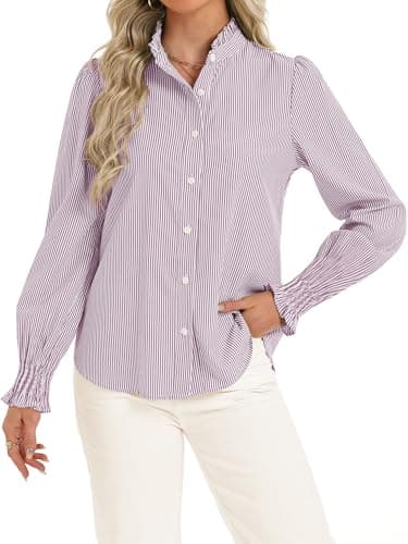 Funlingo Striped Button Down Shirts for Women Fashion 2026 Long Sleeve Smocked Cuffed Boyfriend Blouses Ladies Ruffle Collar Spring Work Tops Purple White XL