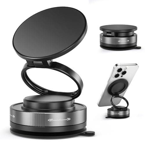 Upgraded nano-gel magnetic phone holder with vacuum suction cup and foldable zinc alloy arm. Strong N52 magnets ensure a secure hold. Works in cars, kitchens, bathrooms, and fits all smartphones - Image 1