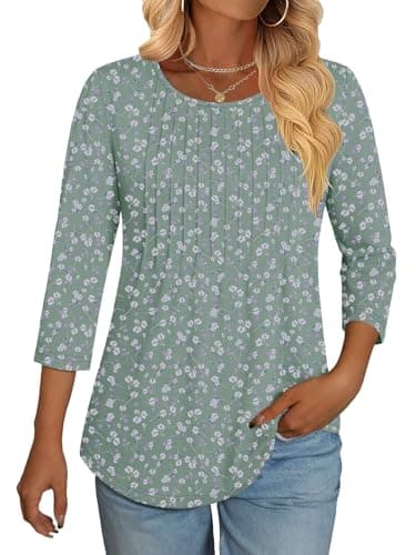 NORACORA 3/4 Length Sleeve Womens Tops Crew Neck Loose Fit Shirts Pleated Cute Clothes Dressy Casual 2026 Summer Tunics Brown Stripe S - Image 1