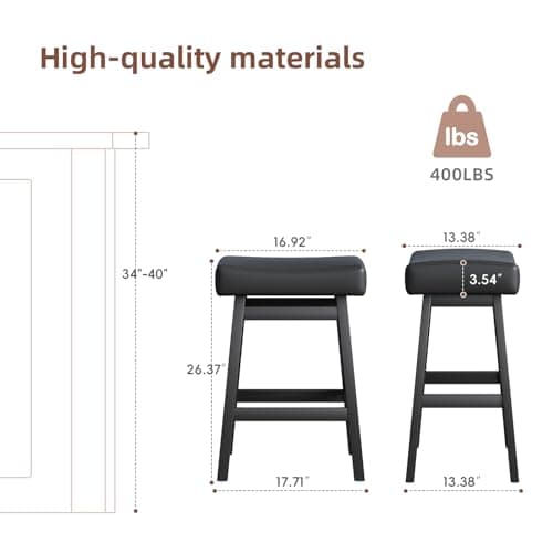 26 Inch Counter Height Bar Stools Set of 6, Backless Saddle Stools with Bonded Leather Seats, Stylish Barstools for Kitchen Island, Dining, Home Bar (Black, Set of 6) - Thumbnail 2