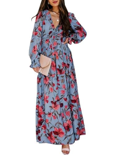 BLENCOT Women's Casual Boho Floral Printed Deep V Neck Loose Long Sleeve Long Evening Dress Ruched Cocktail Party Maxi Wedding Dress Blue Red Small - Image 1