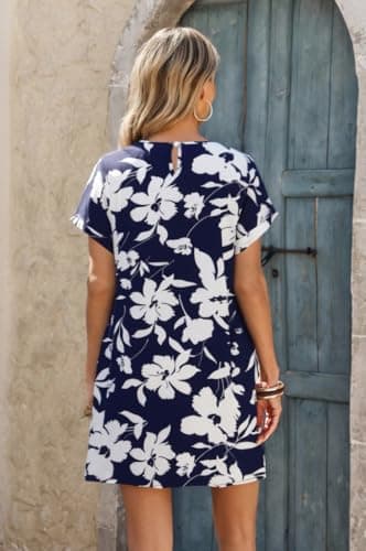 Wenrine Womens Summer Dress 2025 Floral T Shirt Dress Casual Cap Sleeve Crewneck Loose Boho Shift Mini Dresses Navy - Thumbnail 3