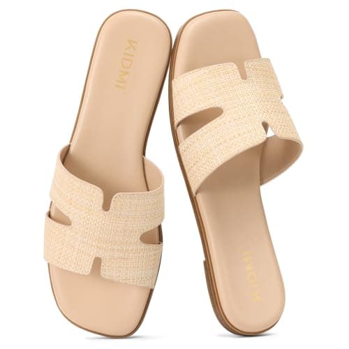 KIDMI Women's Dressy Flat Sandals, Comfortable Slip On Summer Slides, Fashion Open Toe Casual Sandals, Raffia 10