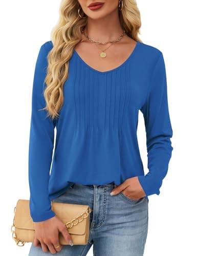 JUSTFASHIONNOW Winter Clothes for Women 2025 Pleated Blue Long Sleeve Women's Tops V Neck Loose T-shirt Blusas Casuales de Mujer Bonitas Fall Clothes (Blue, XX-Large) - Thumbnail 5