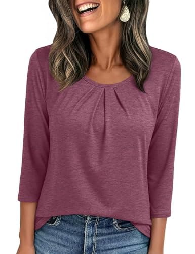 JUSTFASHIONNOW Womens 3/4 Length Sleeve Tops Crewneck Pleated T-Shirts Dressy Casual Tunic Basic Business Blouses(Rose Purple Small) - Image 1