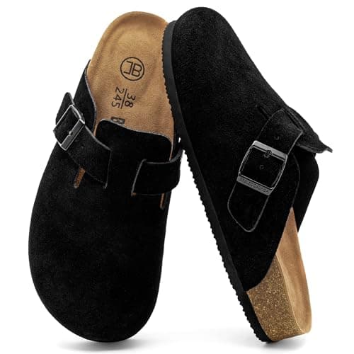 Brelzo Calvior Women's Suede Clogs Men's Slip-On Mules Non-Slip Potato Shoes Arch Support Sandals with Adjustable Buckle for Indoor & Outdoor Use Black - Image 1