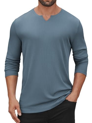 Hardaddy Men's V Neck Long Sleeve Ribbed Casual T-Shirt Classic Basic Solid Tee Shirts Blue M - Image 1