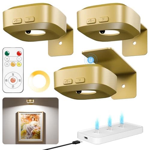 Picture Lights for Wall with Charge Station, 3 Pcs Rechargeable Magnetic Poster Lights with 3 Color Temperatures, Dimmable Timer Painting Wall Decor Light for Art Display, Frame (Gold) - Image 1