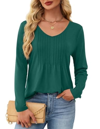 JUSTFASHIONNOW Long Sleeve Shirts for Women Fall Tops Pleated Plus Size Ladies Dressy Casual Blouses V Neck Christmas Loose Fit Tunic Tops to Wear with Leggings (Dark Green, X-Large) - Thumbnail 5