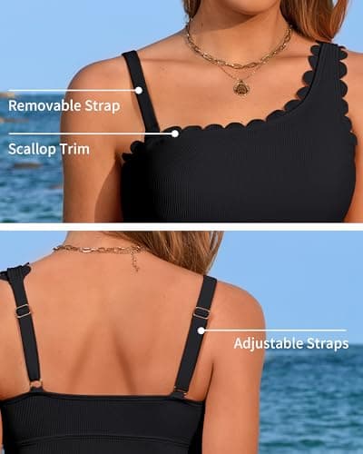 ANFILIA Two Piece Tankini Swimsuits for Women Scalloped One Shoulder Bathing Suits Tummy Control Tankini Swimwear Black - Thumbnail 4