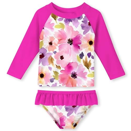 Funnycokid Toddler Girls Swimsuit Flower Floral Rash Guard 2T Pink Rashguard Sets Two Piece Swimwear Long Sleeve Bathing Suits 2 Years - Image 1