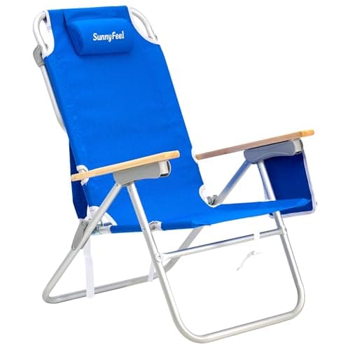SUNNYFEEL Tall Beach Chair, Reclining Beach Chair with 5-Position, Portable Camping Chair for Adults with Wood Armrest, Lightweight Camping Chair 300 lbs Heavy Duty, Blue - Image 1