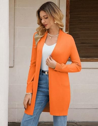 GRACE KARIN Long Cardigan Sweaters, Vacation Outfits for Women, Winter Clothing for Women Open Front Knit Coat Orange - Thumbnail 6