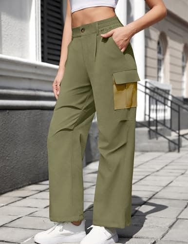 LOOKBOHO Cargo Pants Women 2026 Summer Color Block Pockets Lightweight Travel Drawstring Casual Straight Leg Trousers Army Green Large - Thumbnail 4