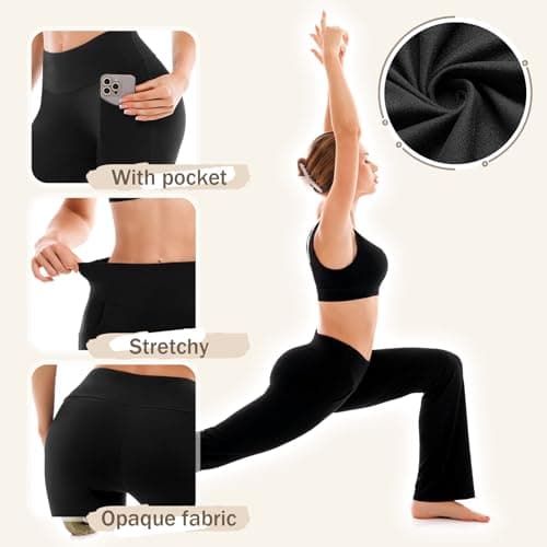 Walifrey Flare Leggings with Pocket for Women,High Waisted Opaque Flare Pants for Yoga Workout Black L - Thumbnail 4