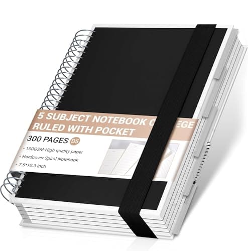 Yoment 5 Subject Notebook College Ruled with 5 Removable Tabs Dividers & Pockets, 8 X 10 Large 300 Pages/150 Sheets Hardcover Spiral Notebook for Work Office Home School, Black - Image 1