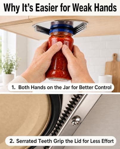 Under Cabinet Jar Opener for Seniors with Weak Hands, All Metal Easy Grip Lid Opener Under Cabinet for Arthritis Hands, Bonus 2 Rubber Jar Openers - Thumbnail 3