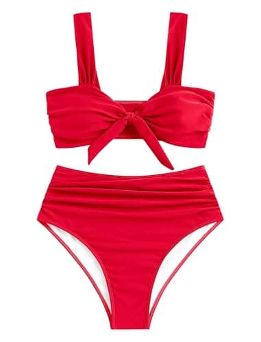 ZAFUL Bikini Sets for Women Tie Knot Push Up Two Piece Tummy Control Modest Swimsuits High Waisted Bathingsuits for Women Over 50 Red L - Thumbnail 6