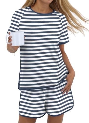 PrinStory Womens Pajama Set 2 Piece Lounge Sets Soft Pajamas Lightweight Pjs with Pockets Dark Blue Stripe-3XL - Image 1