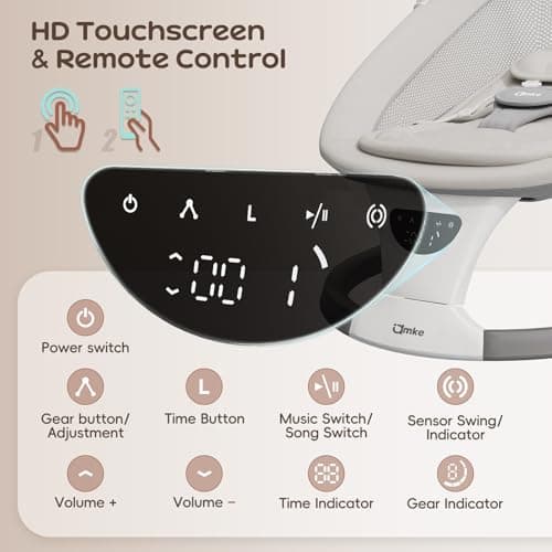 AMKE Baby Swing for Infants with Spacious & Breathable Mesh Seat, Lightweight Portable Baby Rocker Swing with 5-Speeds, 3 Timer & 12 Lullabies, Gentle Sway for Newborn Max 20 Lbs - Thumbnail 6