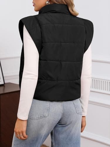 Tankaneo Womens Cropped Puffer Vest Cap Sleeve Zip Up Puffy Qulited Jacket Stand Collar Padded Gilet Coat Winter Outerwear - Thumbnail 3