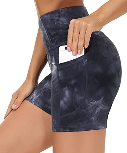 THE GYM PEOPLE High Waist Yoga Shorts for Women Tummy Control Fitness Athletic Workout Running Shorts with Deep Pockets (Medium, Tie Dye Black Grey) - Thumbnail 4