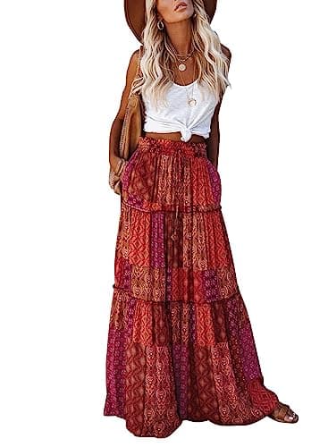 EARKOHA Womens Casual High Waist Tie Paisley Print Long Maxi Skirt with Pockets Red-1 L - Image 1