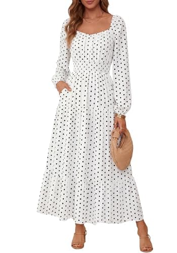 BTFBM Long Sleeve Dress for Women 2026 Spring Fall Boho Floral Square Neck Casual Flowy Long Wedding Guest Maxi Dresses(Polka Dot White Black, X-Large) - Thumbnail 2