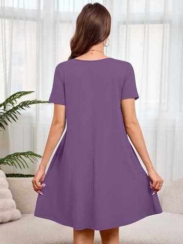Moodclo Summer Dresses for Women Dark Lavander Large 2026 V-Neck Casual Knee Length Dress Loose Short Sleeve Flowy Sundresses with Pockets - Thumbnail 4