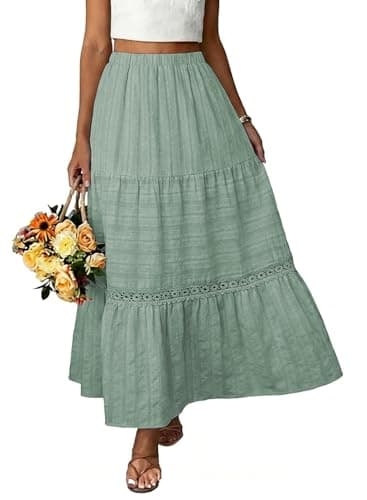 BLENCOT Women's Boho Tiered Maxi Skirt Cotton Gypsy Hippie Style Crochet Lace Long Skirts for Women Vacation and Beach Green 2X-Large - Thumbnail 6