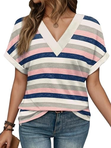 EXLURA Womens Summer Tops V Neck Outfits Clothes Short Dolman Sleeve Blouses 2025 Fashion Shirts - Image 1